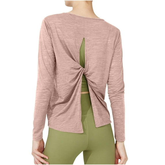 Spandex Workout Tops for Women Fashion Twist Split Open Back Crewneck Shirts Long Sleeve Loose Gym Yoga Clothes (L, Pink)