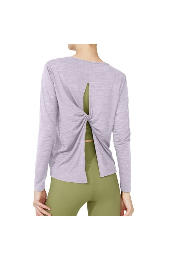 Spandex Workout Tops for Women Fashion Twist Split Open Back Crewneck Shirts Long Sleeve Loose Gym Yoga Clothes (L, Purple)