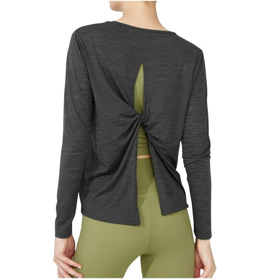 Spandex Workout Tops for Women Fashion Twist Split Open Back Crewneck Shirts Long Sleeve Loose Gym Yoga Clothes (S, Black)