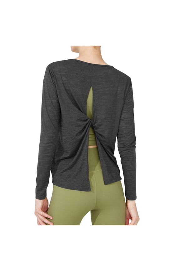 Spandex Workout Tops for Women Fashion Twist Split Open Back Crewneck Shirts Long Sleeve Loose Gym Yoga Clothes (XL, Black)