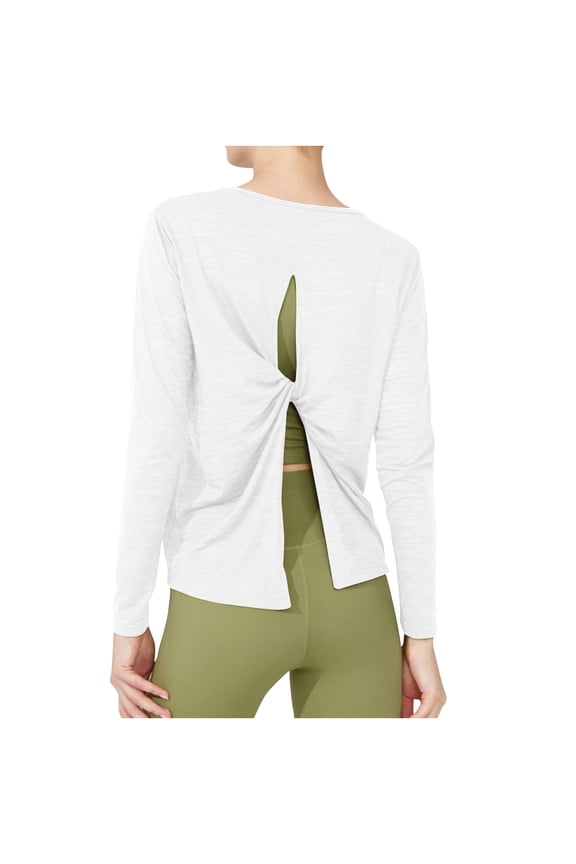 Spandex Workout Tops for Women Fashion Twist Split Open Back Crewneck Shirts Long Sleeve Loose Gym Yoga Clothes (XL, White)