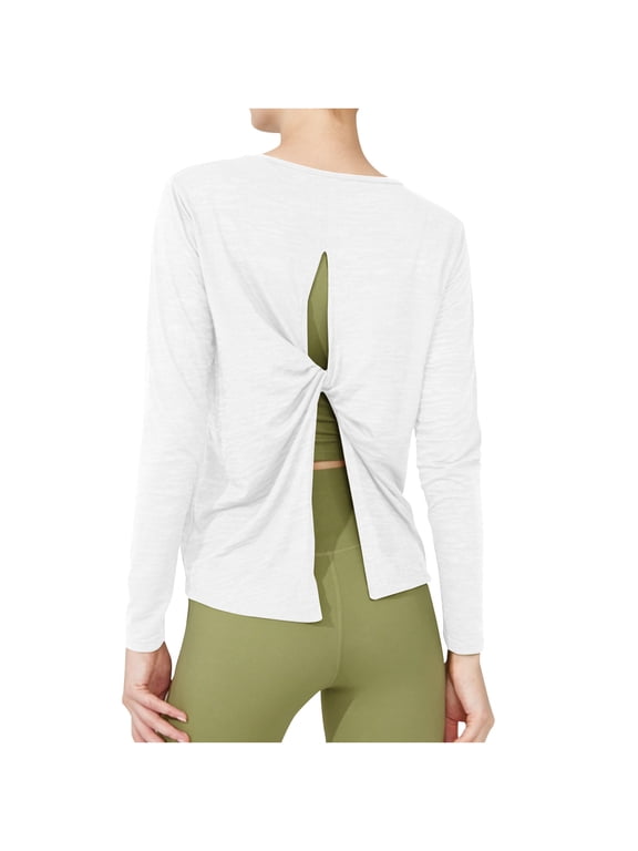 Spandex Workout Tops for Women Fashion Twist Split Open Back Crewneck Shirts Long Sleeve Loose Gym Yoga Clothes (XL, White)