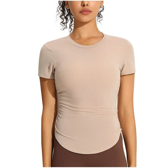 Spandex Yoga Tops Womens Summer Workout Gym Clothes Moisture Wicking Quick Dry T-Shirt Crop Tees Curved Hem (M, Khaki)
