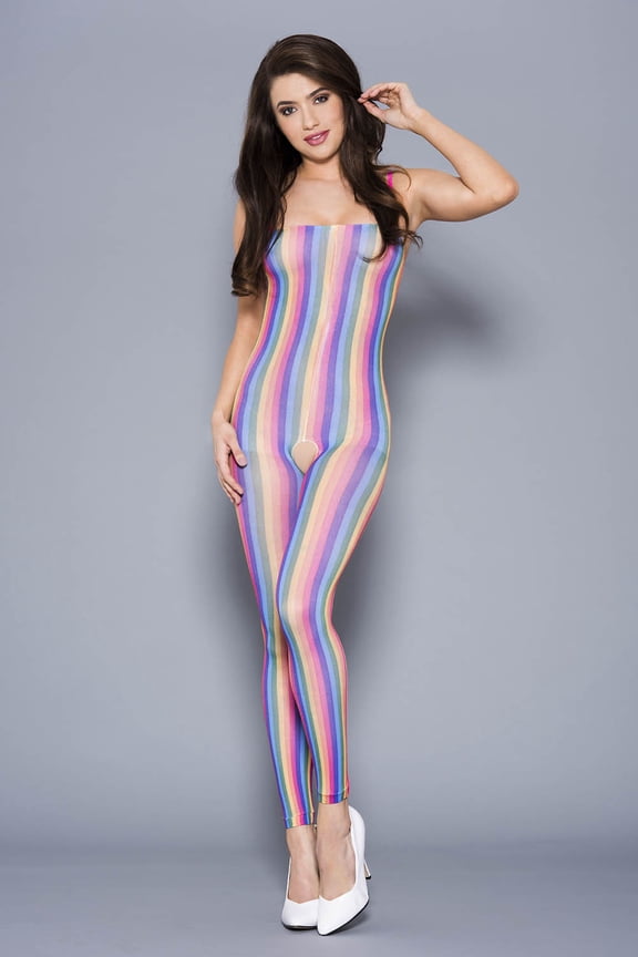 Spandex opaque footless rainbow stripes crotchless bodystocking 1379-RAINBOW