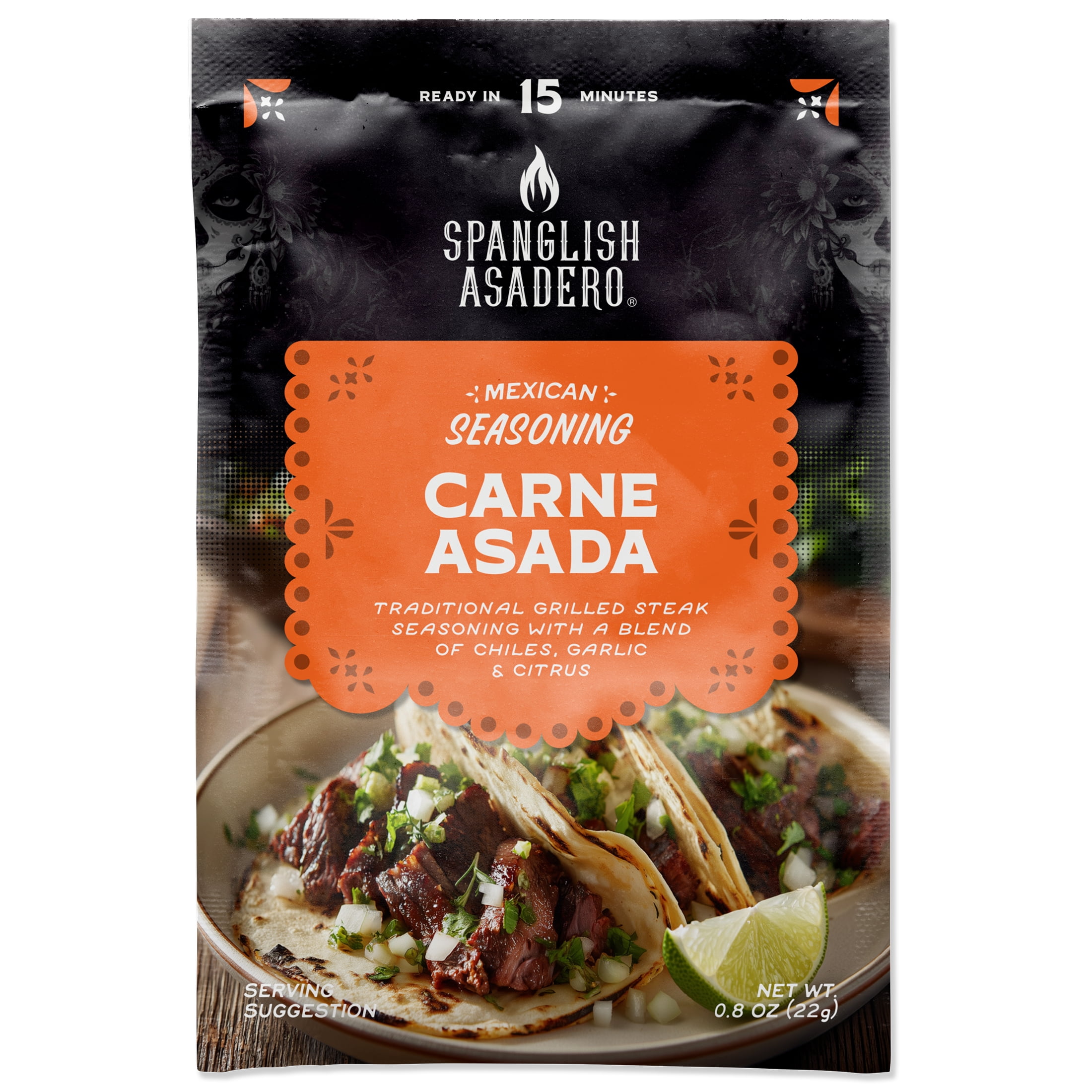 Spanglish Asadero Carne Asada Seasoning with Chilis, Garlic, Citrus & Sea Salt, 0.8 oz Packet