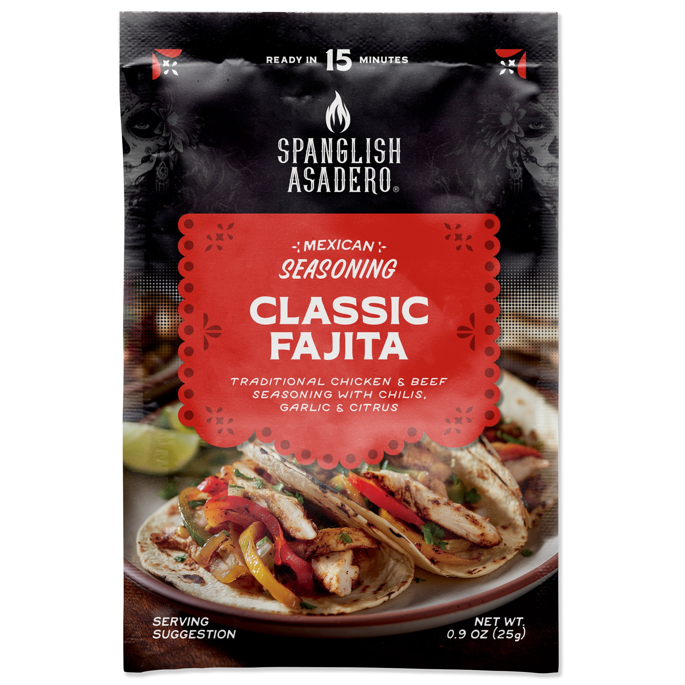 Spanglish Asadero Fajita Seasoning Blend with Garlic, Chilis, Spices & Citrus, 0.9 oz Packet