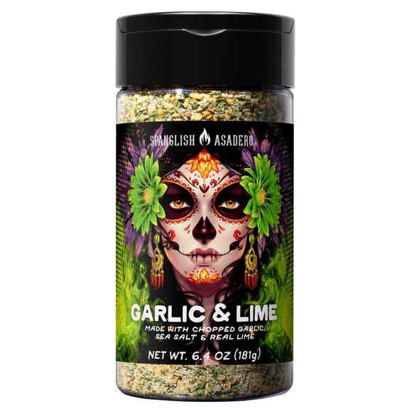 Spanglish Asadero Garlic & Lime Seasoning Blend with Chopped Garlic, Sea Salt, and Real Lime, 6.4 oz