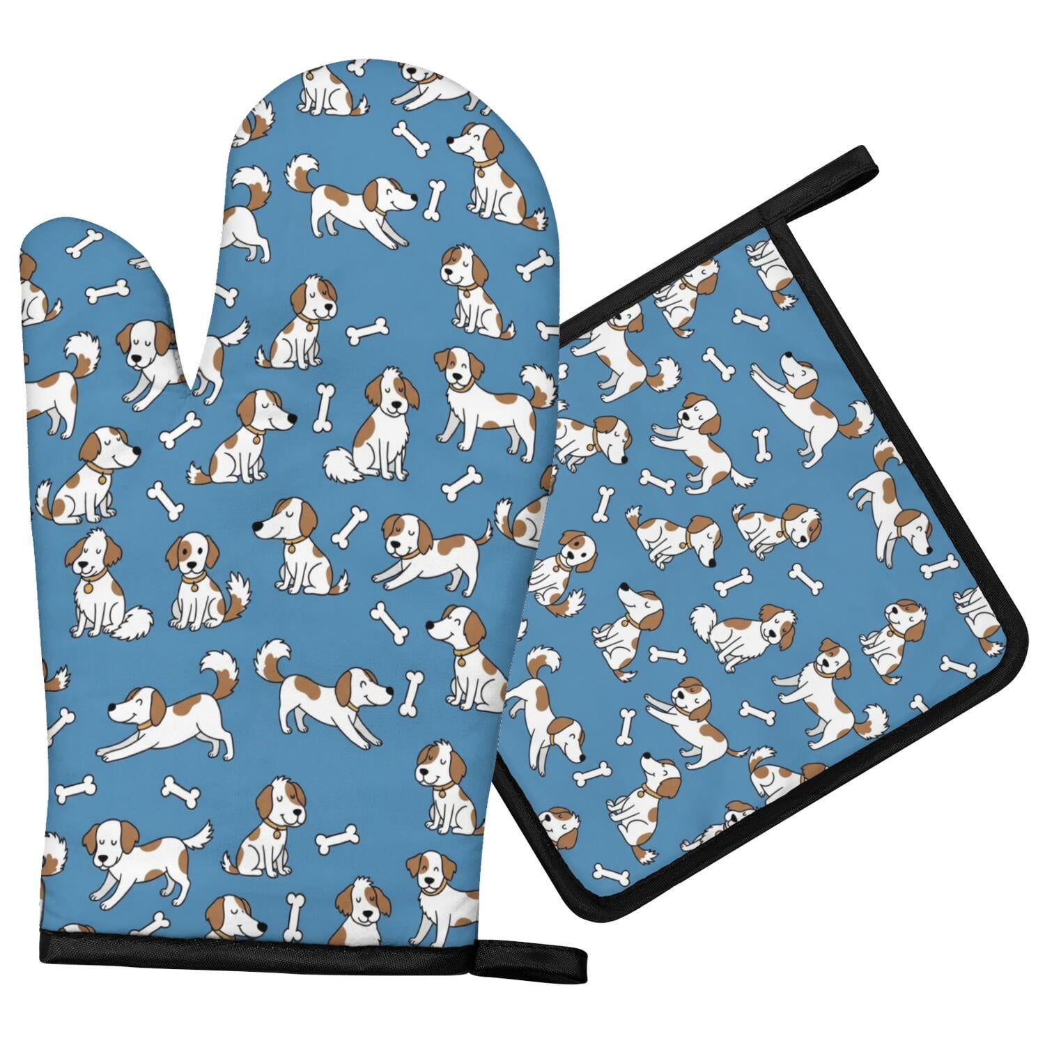 Bbq Banner Examples Spaniel and Bone Blue Pattern Oven Mitt Pot Holder Set, Polyester BBQ ...
