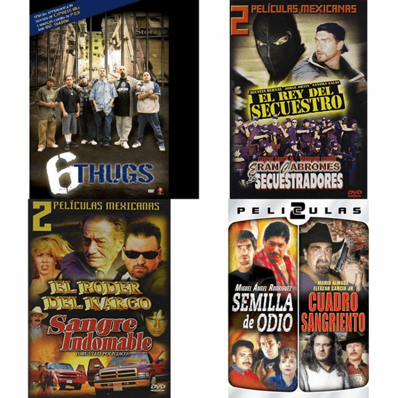 Spanish 4 Pack DVD Bundle: 6 Thugs, El Rey del Secuestro/Eran Cabrones los Secuestradores, El Poder del Narco/Sangre Indomable, Dos Peliculas Mexicanas - Semilla & Cuadro