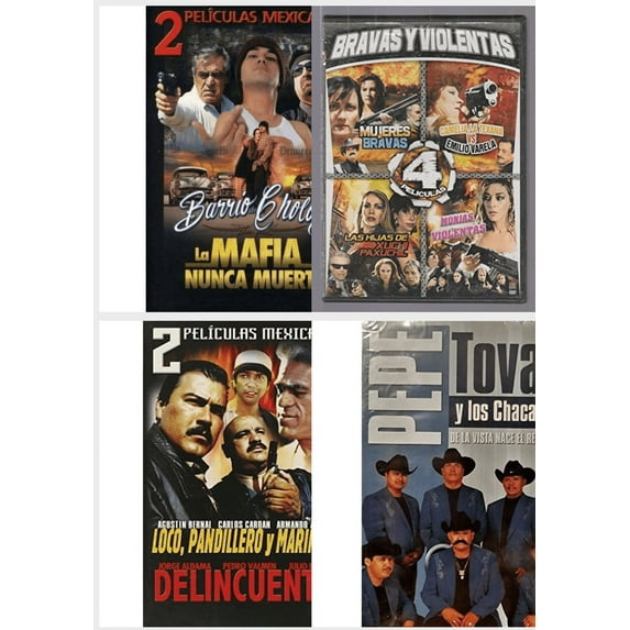 Spanish 4 Pack DVD Bundle: Barrio De Cholos/La Mafia Nunca Muere, Bravas Y Violentas "4 Peliculas" JULIO ALEMAN & MARIO ALMADA, 2 Peliculas Mexicanas: Loco, Pandillero y Marihuano/Delincuentes, De La
