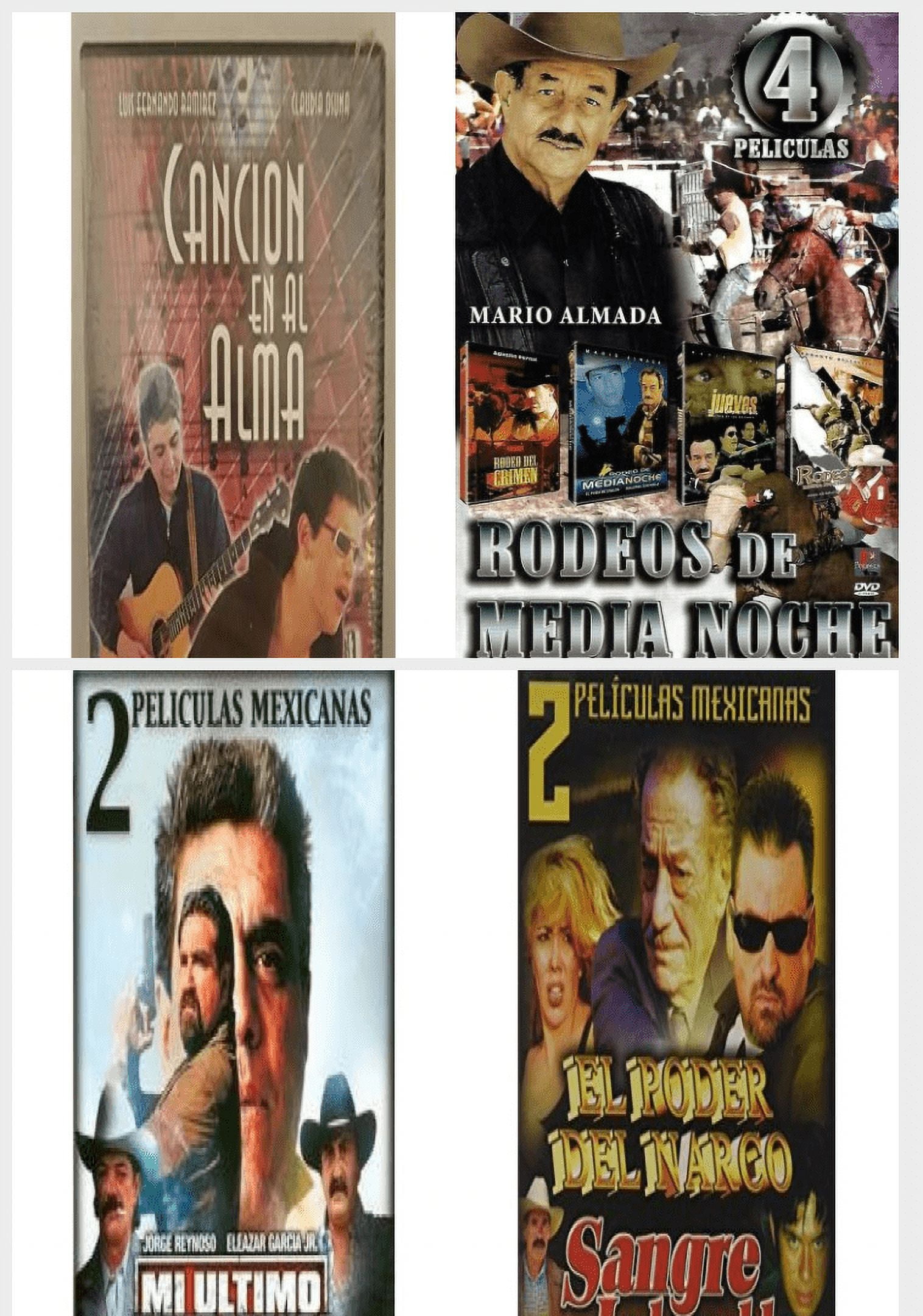 Spanish 4 Pack DVD Bundle: Cancion en al Alma, Rodeos de Media Noche - Mario Almada 4 Peliculas, MI Ultimo Contrabando/La Sentencia De Un Pesado, El Poder del Narco/Sangre Indomable