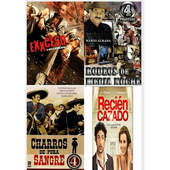 Spanish 4 Pack DVD Bundle: Exxceso, Rodeos de Media Noche - Mario Almada 4 Peliculas, Charrps De Pura Sangre, Recien Cazado
