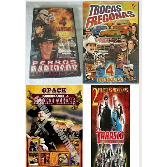 Spanish 4 Pack DVD Bundle: Perros Rabiosos - La Fiest de Los Perrones/El Perro Malagradecido/Como, Trocas Fregonas 4 Peliculas, Recordando a Antonio Aguilar 6 Pack, El Tarasco de Michoacan/Que Me Enti