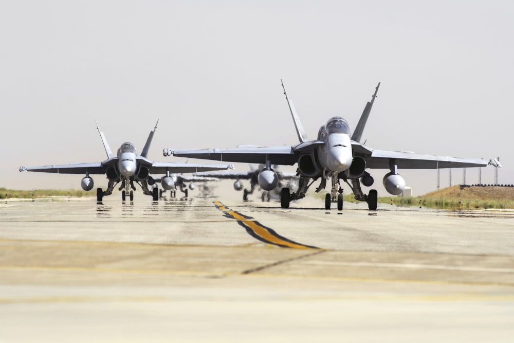 Spanish Air Force EF-18M Hornets taxiing on the runway Canvas Art - Daniele FaccioliStocktrek Images (34 x 23)