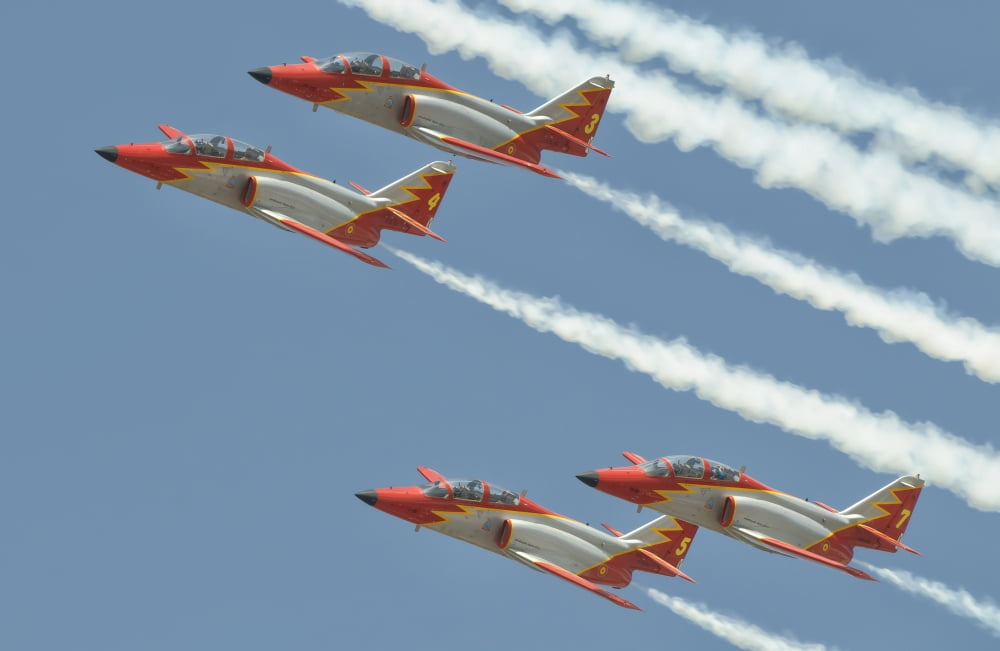 Spanish Air Force Patrulla Aguila performing at an airshow in Morocco Canvas Art - Giovanni CollaStocktrek Images (18 x 12)