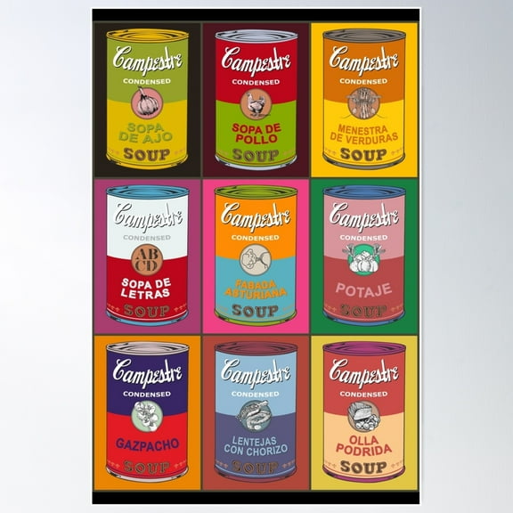 Spanish Andy Warhol Soups - Sopas Campestre (With Colors) Poster Wall Art, Modern Wall Decor For Living Room Bedroom, 16x24 UNFRAMED