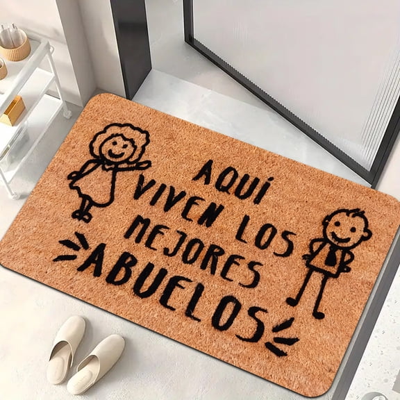 Spanish Best Grandparents Flannel Plush Doormat, 0.4inch Sponge, Cozy Family Theme, Hand-Painted Style, Smiling Grandparents Black Line Sketch, Brown Indoor Mat