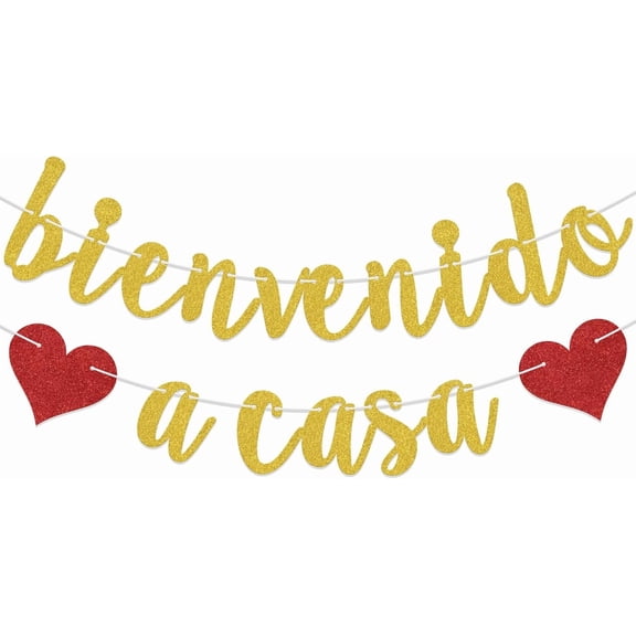 Spanish Bienvenido a Casa Banner, Housewarming Party Decorations, New Home New Chapter Welcome Home Party Decor Sign, The Beginning of A New Chapter Party Supplies Gold & Red Double-Sided