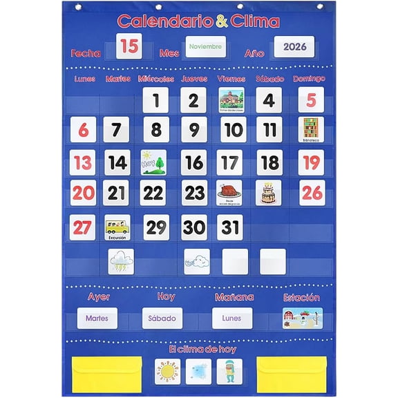 Spanish Bilingual Calendar & Weather Pocket Chart – 142 Laminated Flash Cards (Días, Meses, Clima) – Heavy-Duty Classroom Teaching Tool for Dual Language Homeschool & Elementary (Blue)