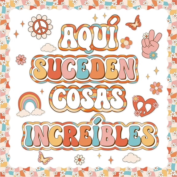 Spanish Bulletin Board Decorations - Retro Groovy Motivational Classroom Decorations, Boho Inspirational Rainbow Paper Cutouts Bulletin Board Set, School Office Chalkboard Wall Decor Supplie