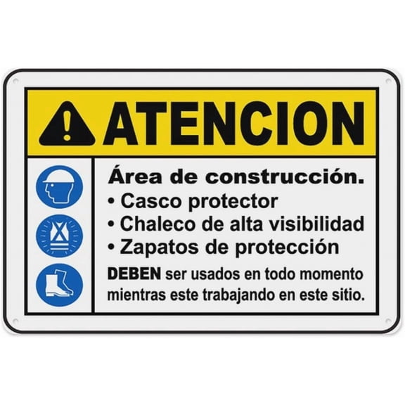 Spanish Caution Construction Area PPE Sign 8"x12", Aluminum Tin Warning Signs for Home Outdoor Garden, Weatherproof Bilingual PPE Sign