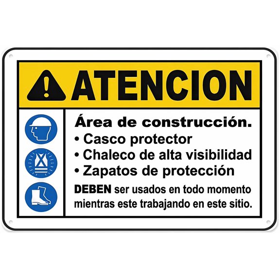 Spanish Caution Construction Area Ppe Sign - 12×8 Inches, Aluminum Tin Warning, Home Outdoor Garden Construction Decor