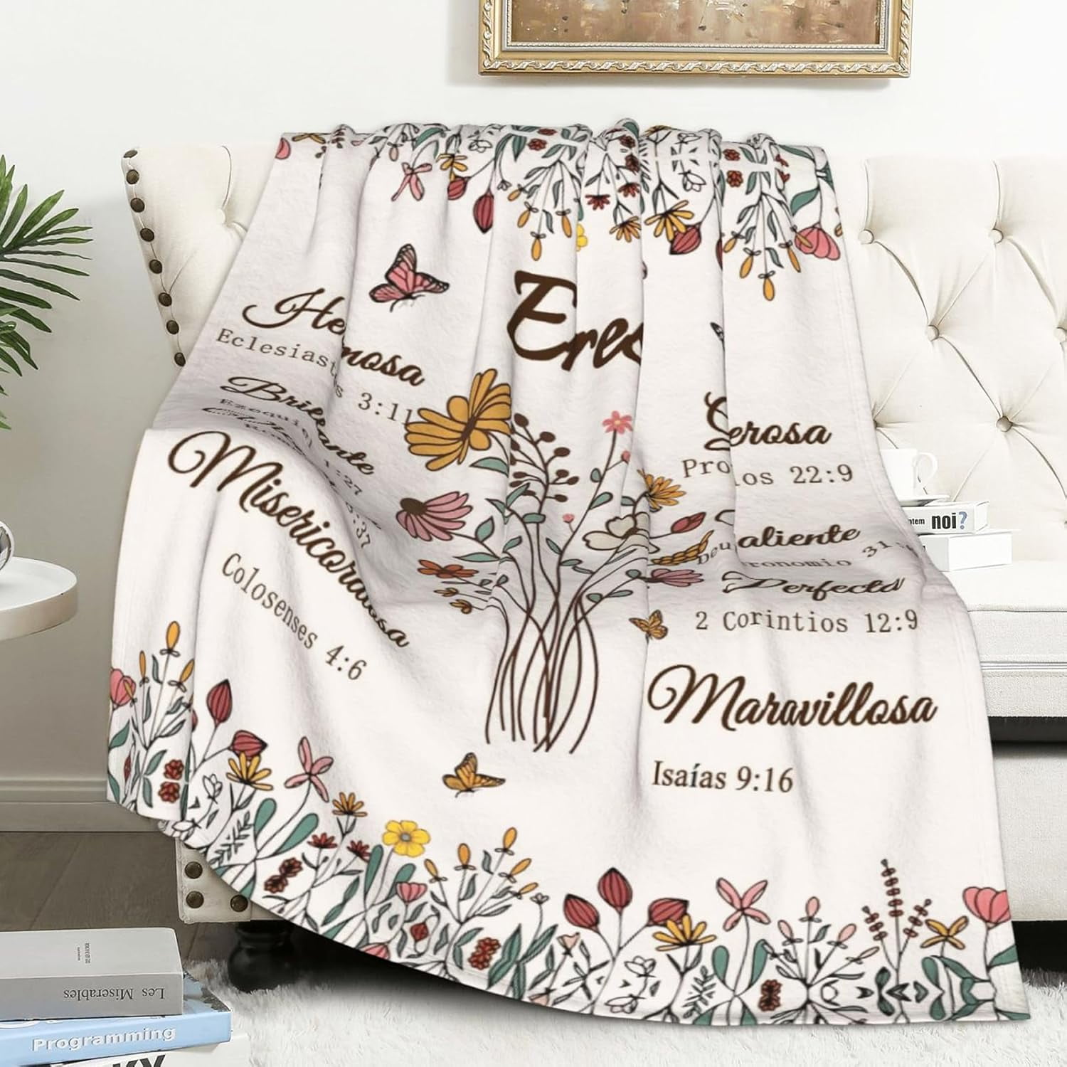 Spanish Christian Blanket Birthday Gifts for Women Men Regalos Cristianos para Mujer Inspirational Scripture Throw Blanket with Bible Verse Religious Gifts (Beige, 40x50 inch, Letter Floral)