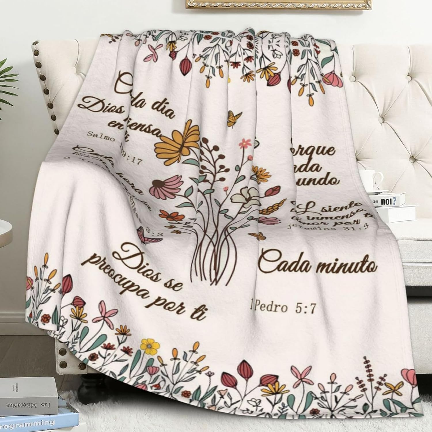 Spanish Christian Blanket Birthday Gifts for Women Men Regalos Cristianos para Mujer Inspirational Scripture Throw Blanket with Bible Verse Religious Gifts (Creamy, 50x60 inch, Daisy Flower)