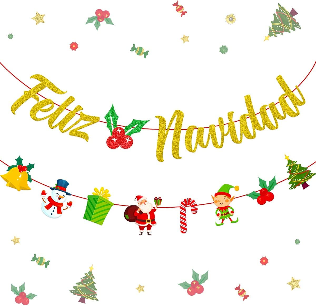 Spanish Christmas Decorations - Feliz Navidad Banner Gold Glitter Letters, Christmas Garland 8 Patterns for Home Office Fireplace Mantel Restaurant Decorations Supplies