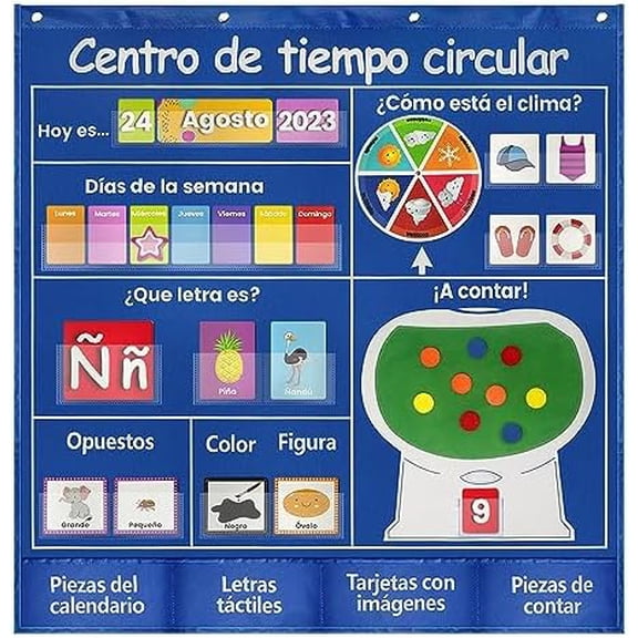 Spanish Circle Time Center Pocket Chart- 239 Laminated Flashcards (Days,Weather,Colors,Shapes,Opposites,Counting) 38x39 Inch Classroom Calendar Center for Preschool & Homeschool - Teaching Tool