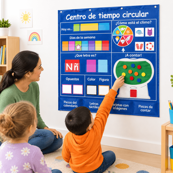 Spanish Circle Time Pocket Chart with 239 Laminated Flashcards, 38x39 Inch