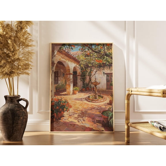 Spanish Courtyard Orange Tree Print, Unframed Paper Poster 24x36in