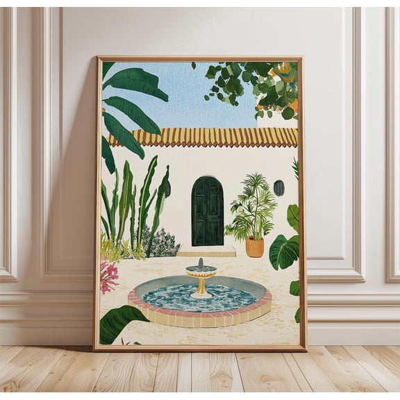 Spanish Courtyard Poster Mediterranean Wall Art Villa Garden Print Rustic Outdoor Scene Eu