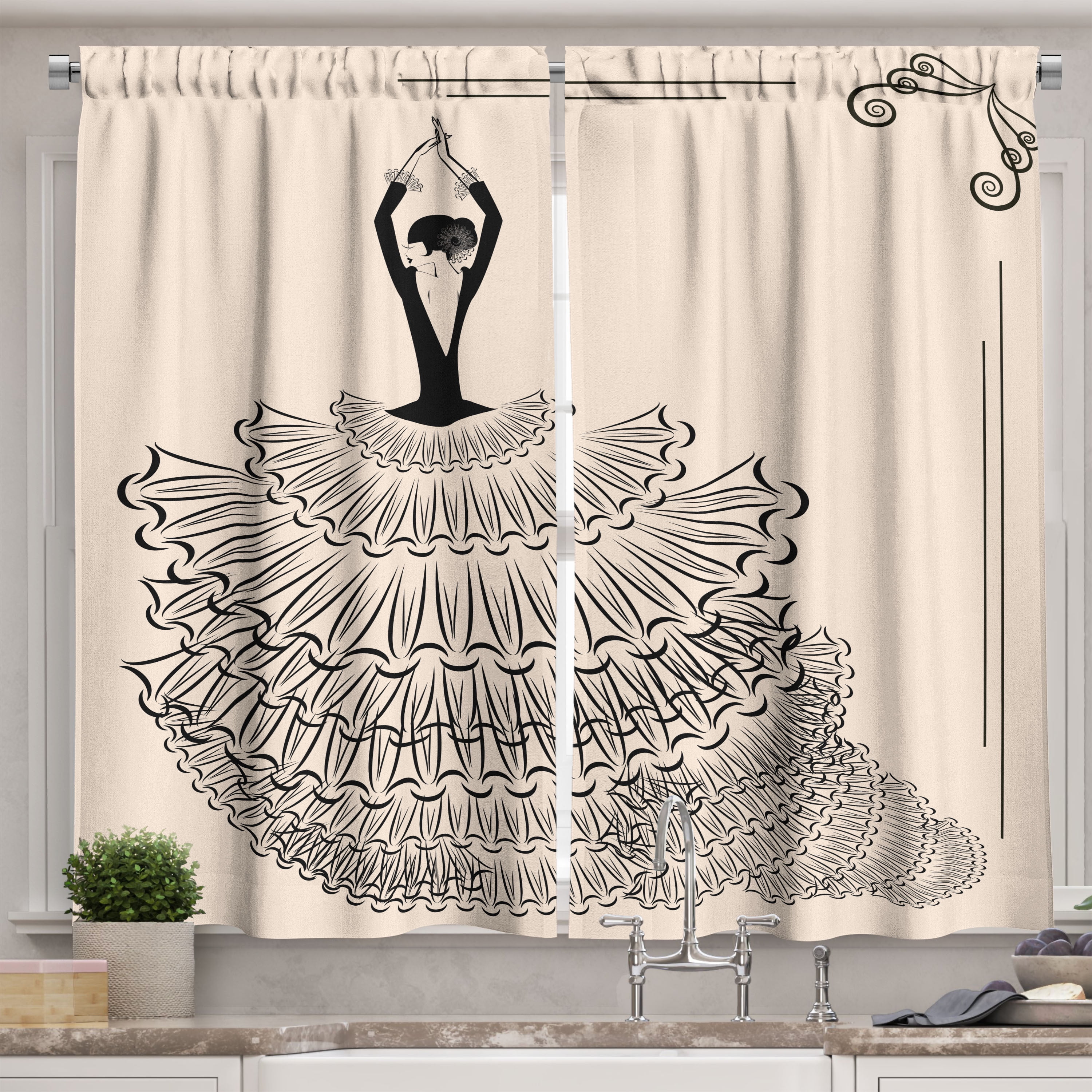 Spanish Curtains 2 Panels Set, Back View of A Flamenco Performer Woman