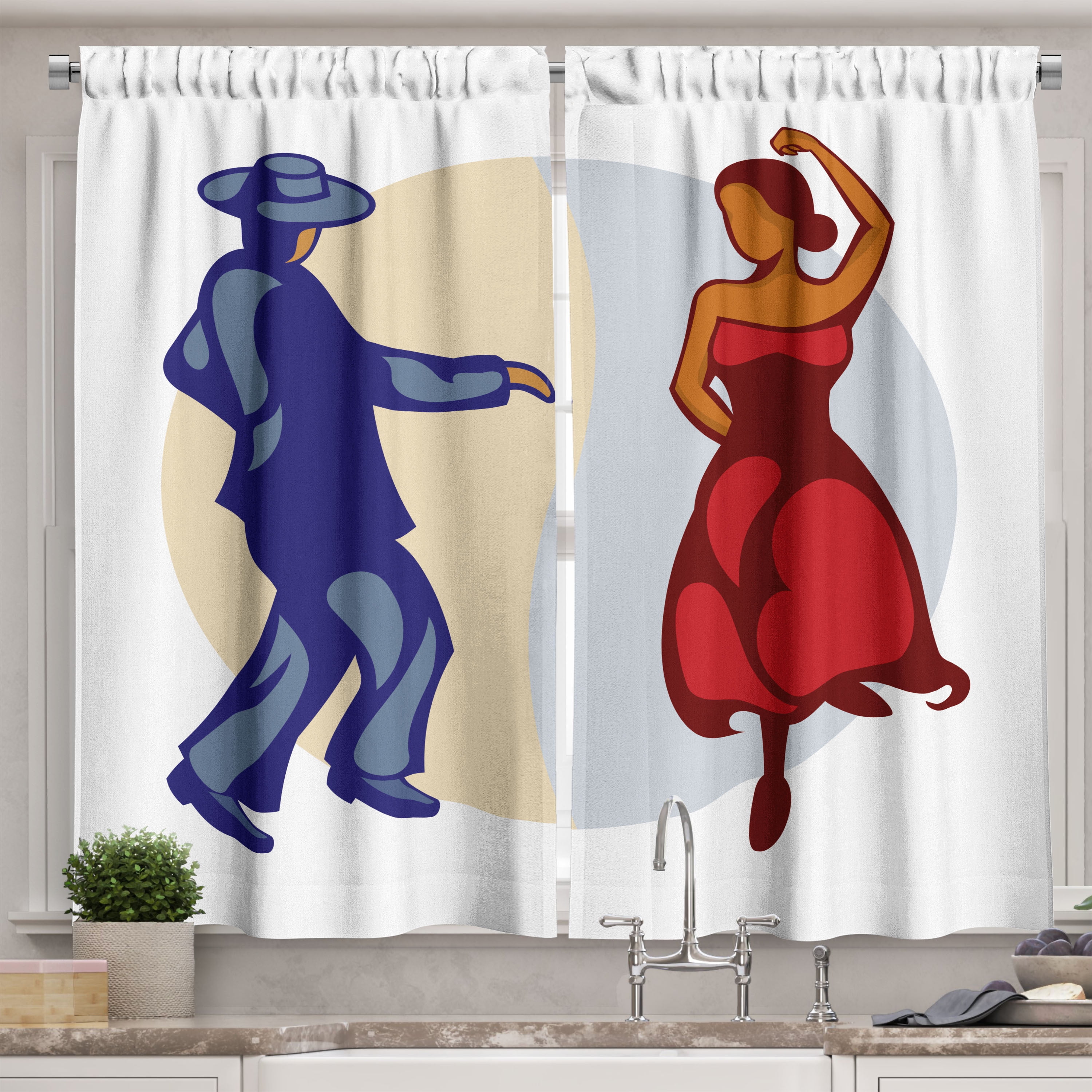 Spanish Curtains 2 Panels Set, Funky Dancers Couple Latin Flamenco