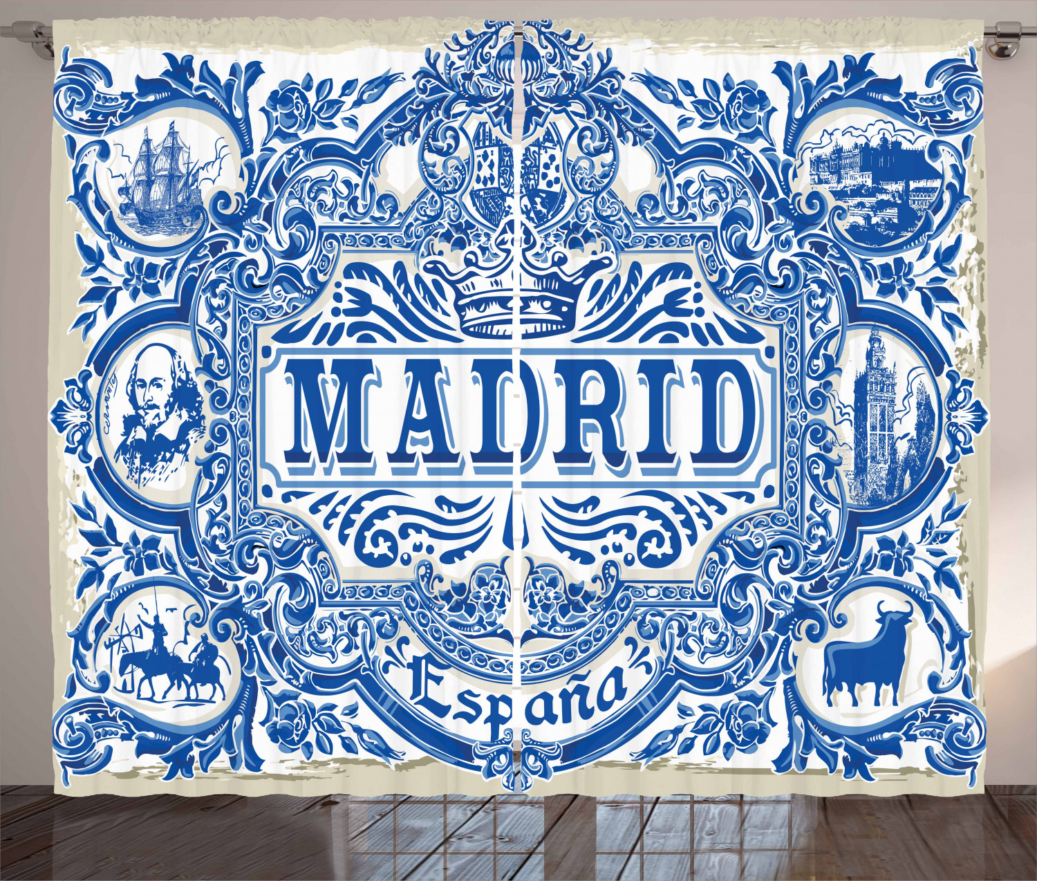 Spanish Curtains 2 Panels Set, Madrid Calligraphy Traditional Painted