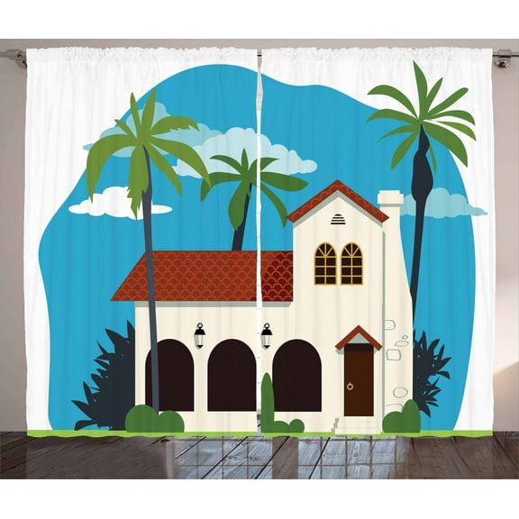 Ambesonne Spanish Curtains 2 Panel Set, Cottage House Palms, 108" x 63", Multicolor