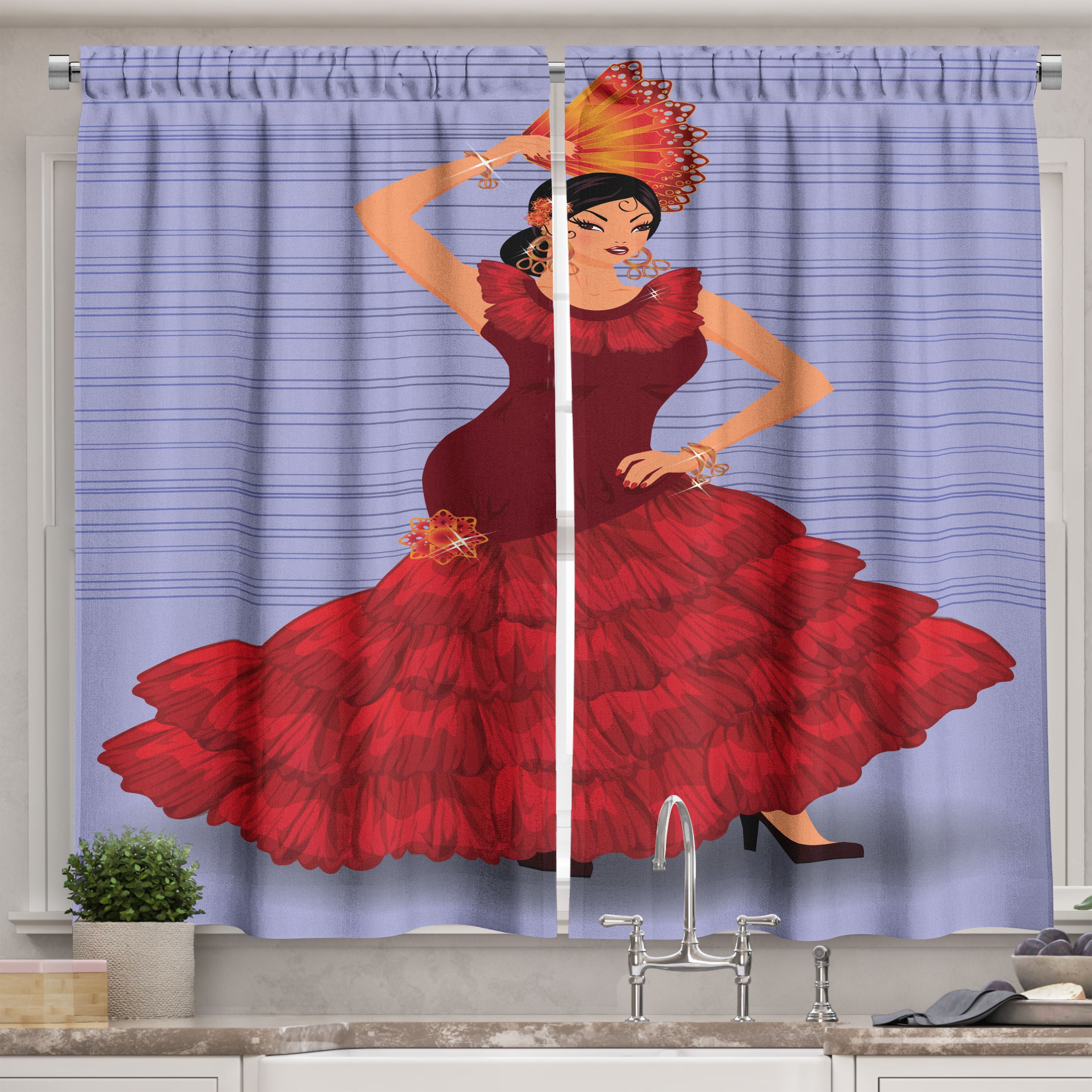 Spanish Curtains 2 Panels Set, Sexy Young Flamenco Dancer Woman with
