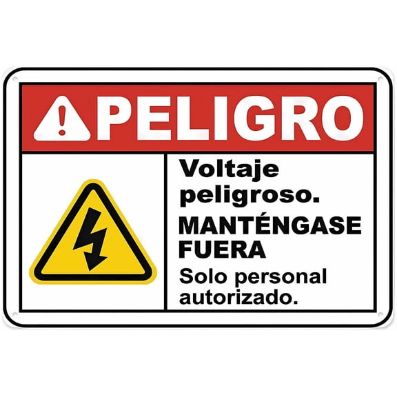 Spanish Danger Hazardous Voltage Keep Out Sign - 8"x12" Aluminum Tin Warning Sign for Home Outdoor Garden, Electrical Zone, Bilingual Safety