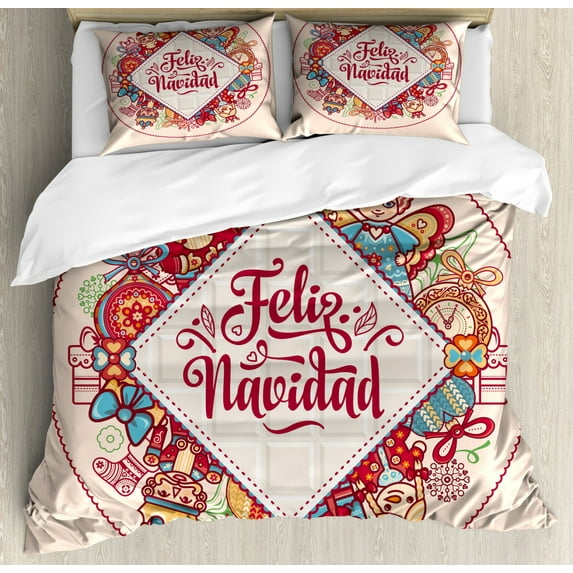 Spanish Duvet Cover Set King Size, Christmas Elements and Celebration Theme Feliz Navidad Message in Spanish Language, Decorative 3 Piece Bedding Set with 2 Pillow Shams, Multicolor, by Ambesonne