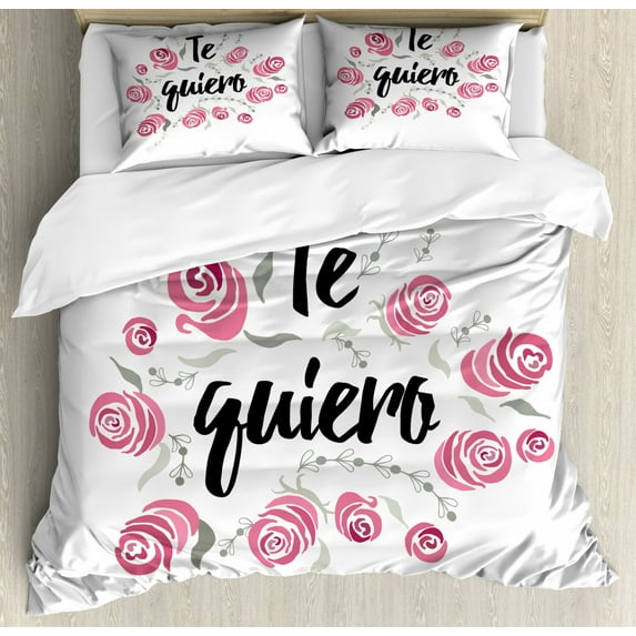 Spanish Duvet Cover Set King Size, Te Quiero Typography with Rose Flower Wreath Romantic Love Valentines Concept, Decorative 3 Piece Bedding Set with 2 Pillow Shams, Pink Black White, by Ambesonne
