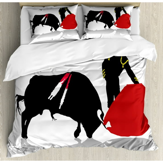 Spanish Duvet Cover Set Queen Size, Bullfighter in Action Arena Matador Historical Sports Latin Culture, Decorative 3 Piece Bedding Set with 2 Pillow Shams, Black Vermilion Yellow, by Ambesonne