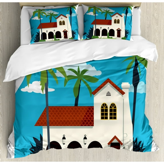 Spanish Duvet Cover Set Queen Size, Old Fashioned Mediterranean Cottage House with Palm Trees Latin Architecture Print, Decorative 3 Piece Bedding Set with 2 Pillow Shams, Multicolor, by Ambesonne