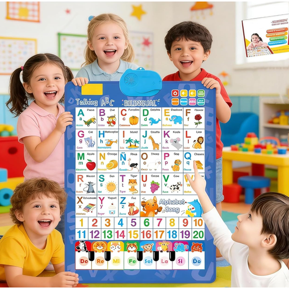 Spanish-English Interactive Learning Poster, Spanish Alphabet ABC Talking Poster with , Numbers 1-20 Educational Toy for Kids Ages 3+