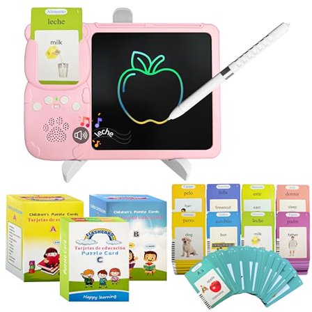 Spanish&English Talking Flash Cards for Toddlers - LCD Writing Tablet Kids - Drawing Tablet Toddler Toys 510 Sight Words Learning Montessori - Autism & Speech Therapy Toys - Kindergarten Gifts (Pink)