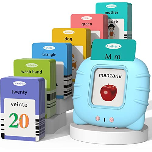 Spanish & English Talking Flash Cards for Toddlers 1 2 3 4 5 6,Audible Toys for Kids to Learn Spanish - 258 Cards and 516 Words(Blue)