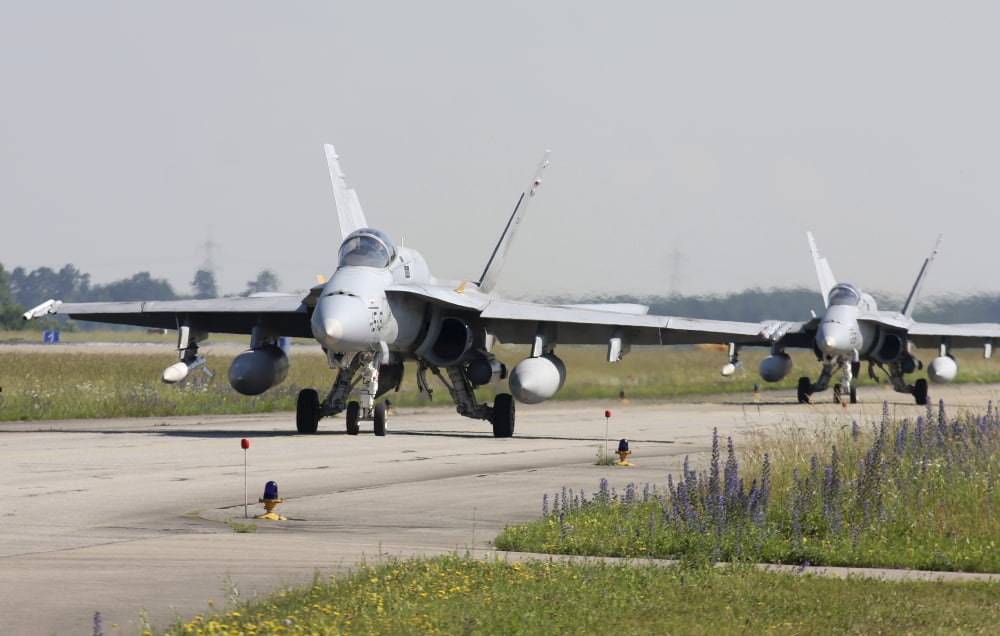 Spanish F-18 aircraft taxiing on the runway Germany Canvas Art - Timm ZiegenthalerStocktrek Images (35 x 23)