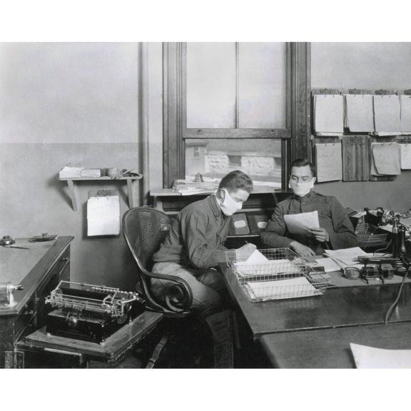 Spanish Flu Epidemic 1918-1919 In America. Soldiers In A Hospital Office At Fort Porter History