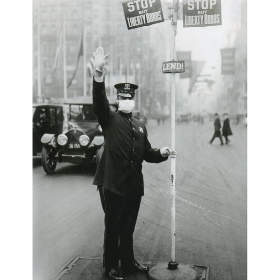 Spanish Flu Epidemic 1918-1919 In America. Traffic Policeman In New York City Wearing A Gauze Mask For Protection