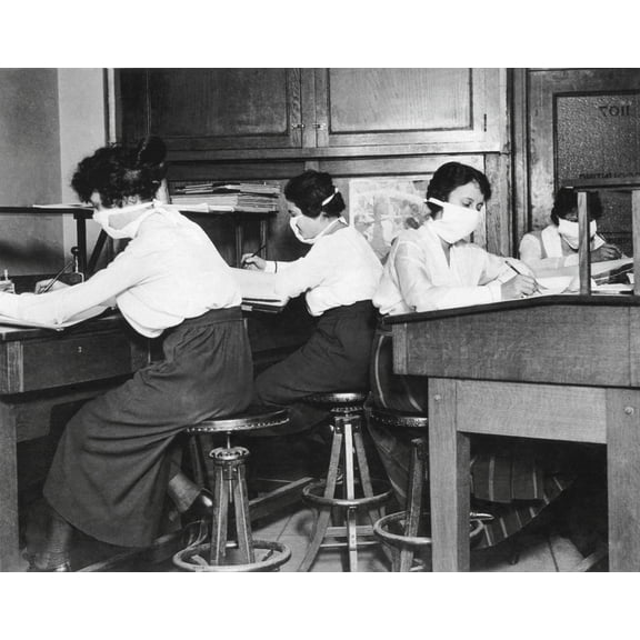 Spanish Flu Epidemic 1918-1919 In America. Young Women Office Workers With Gauze Mask Carefully Tied About Their Faces To Protect Against The Spread Of Influenza. Oct. 16 History (36 x 24)